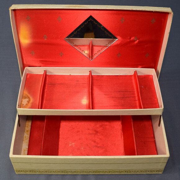 Vintage Jewelry Box Storage Organizer 2-Tier Off White Leather Red Satin Damaged - Picture 2 of 16
